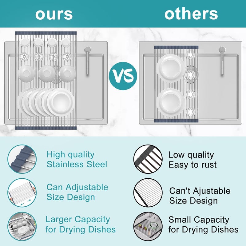 BBXTYLY Extra Large Expandable Roll Up Dish Drying Rack,Over The Sink Drying Rack Sink Cover Kitchen Sink Accessories Kitchen Rolling up Stainless Steel Drainer, Foldable,Rollable（Grey，22.8''-17''） - Image 4